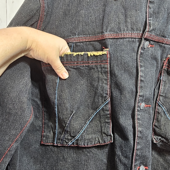 Vintage Counter Attack Men's Black Frayed Embroidered Denim Jacket Size XL 90's. - Picture 4 of 10